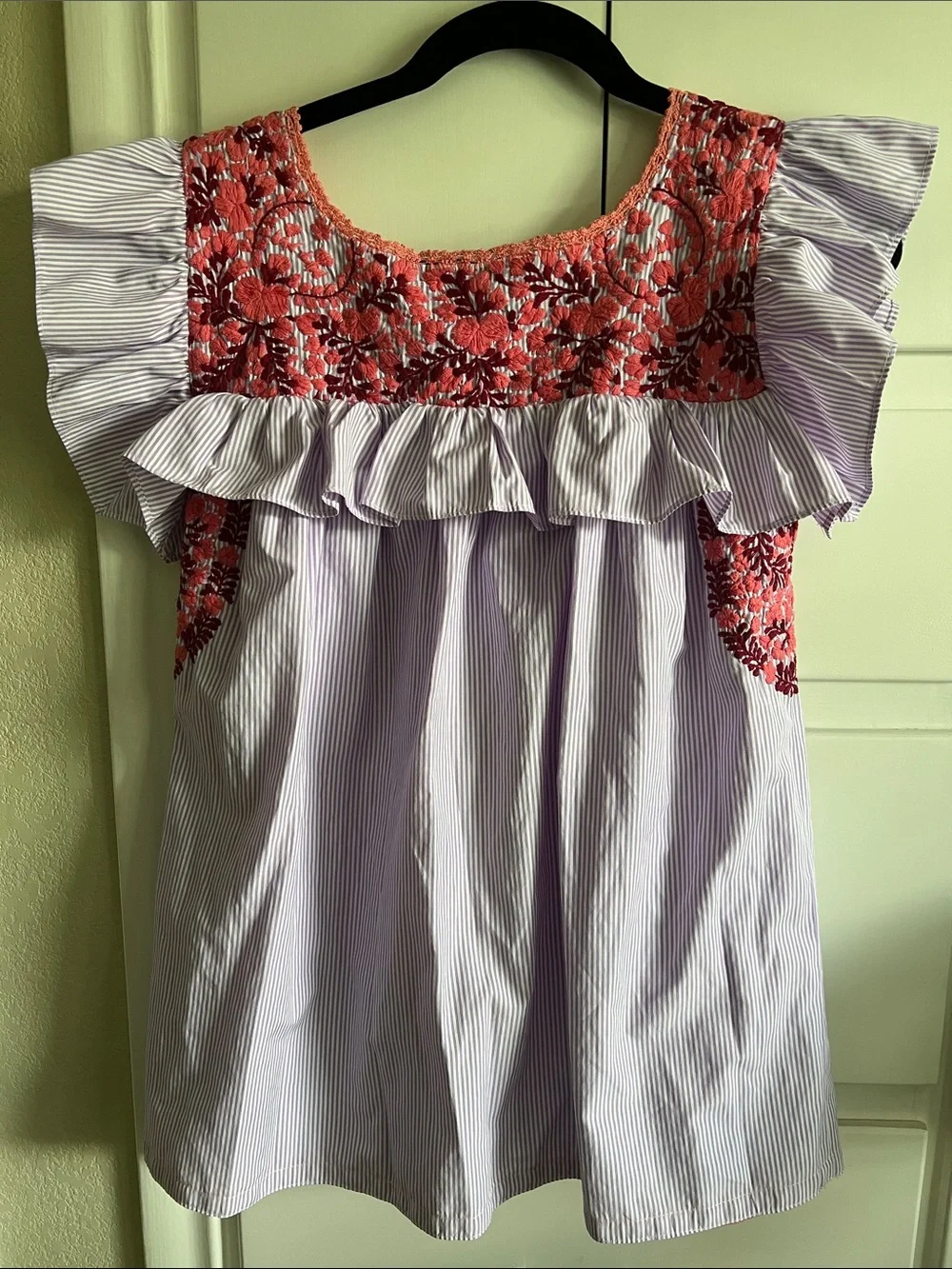 Mi Golondrina Lavender-Striped Dress with Coral Embroidery - Picture 2 of 5